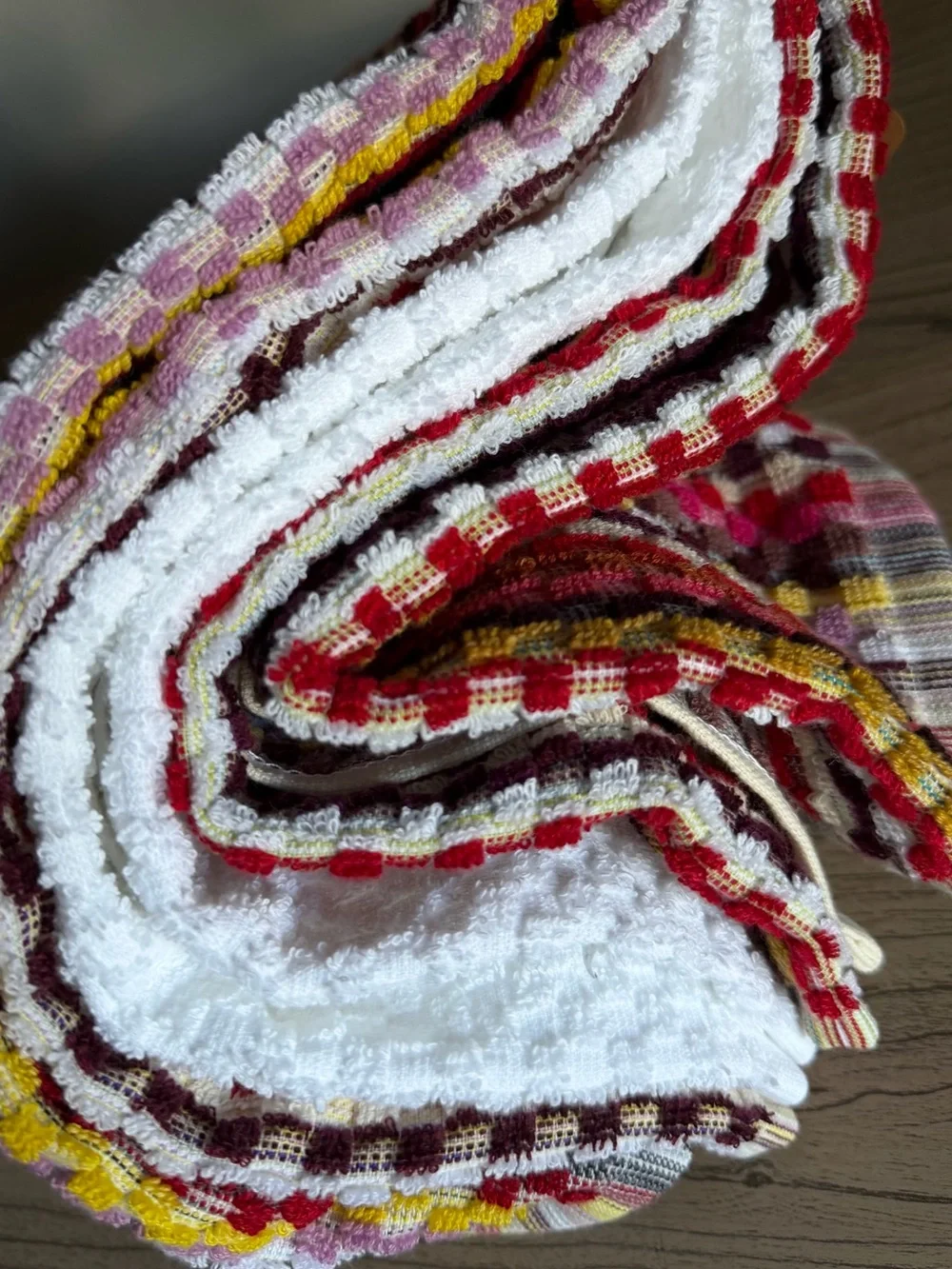 DEBORAH CONNOLLY FALL KITCHEN TOWELS (3) BLOCKS RED GOLD PURPLE 100% COTTON